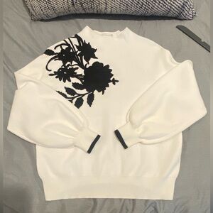 Anthropologie Ivory Sweater with Embroidered Black Floral Design size S